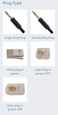 Various types of plugs including single ring, double ring, and different connector styles on a white background.