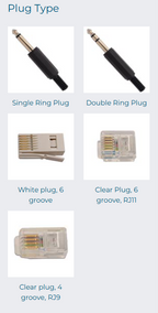 Various types of plugs including single ring, double ring, and different connector styles on a white background.
