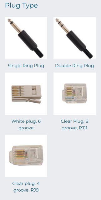 Various types of plugs including single ring, double ring, and different connector styles on a white background.