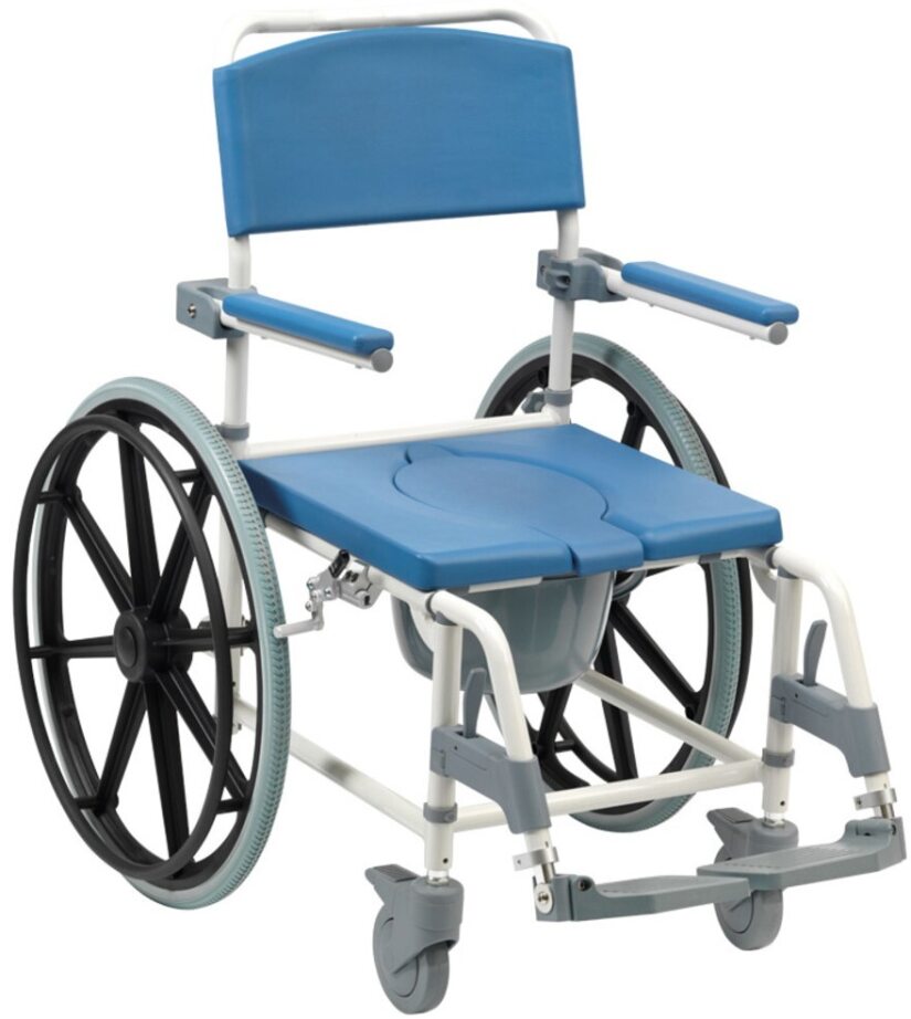 Commode or Wheelchair with blue seat and backrest on a white background