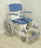 Mobility commode wheelchair with blue seat and gray wheels in a bathroom setting.