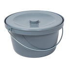Gray bucket for commode chair with a lid on a white background