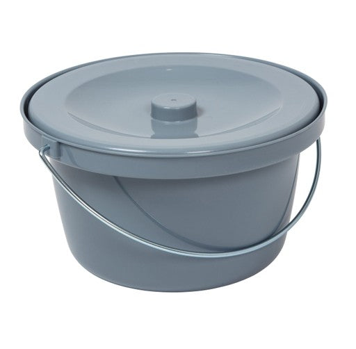 Gray bucket for commode chair with a lid on a white background
