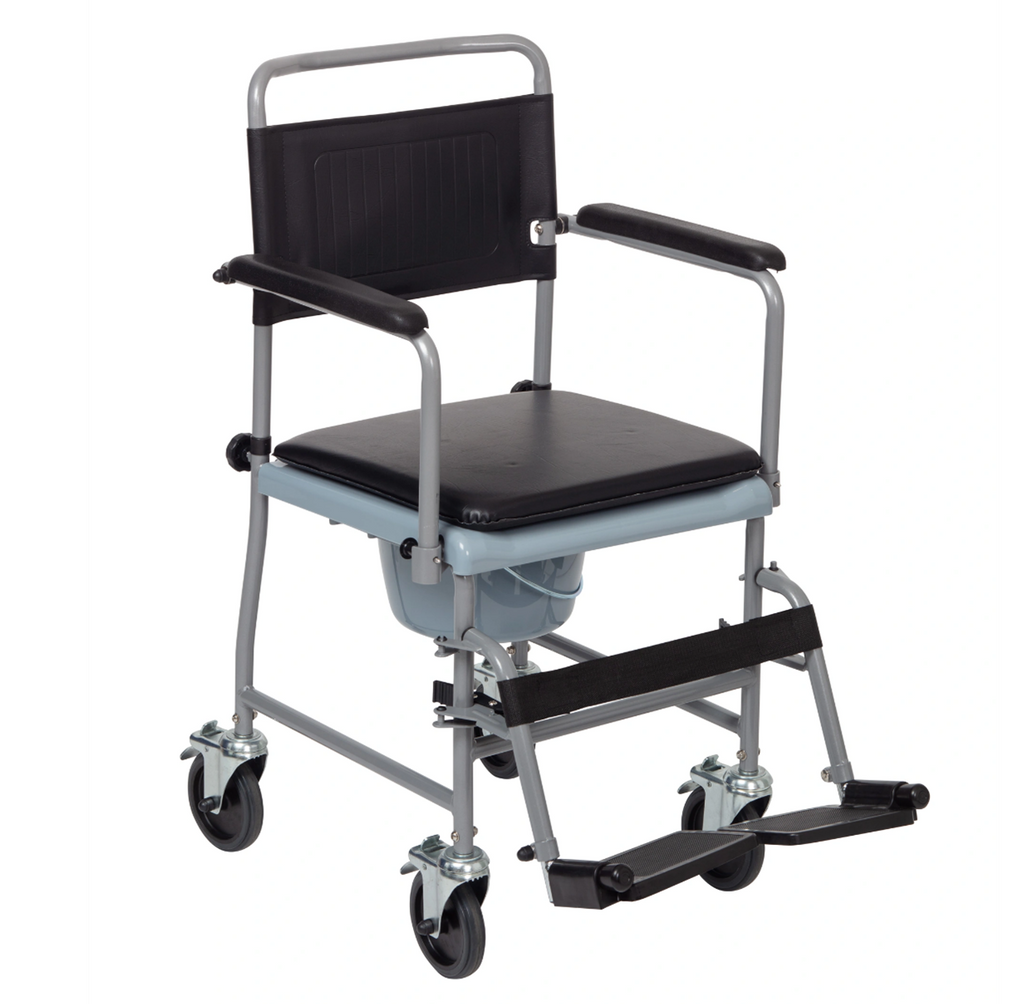 Medical commode chair with black seat and armrests on a white background
