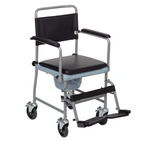 Medical commode chair with black seat and armrests on a white background