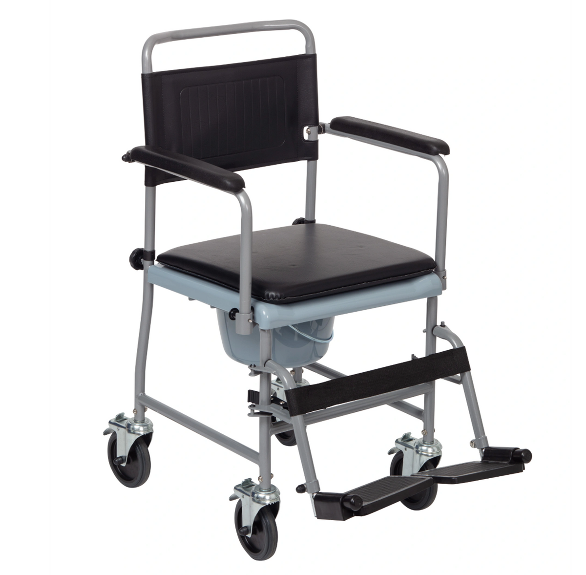 Medical commode chair with black seat and armrests on a white background