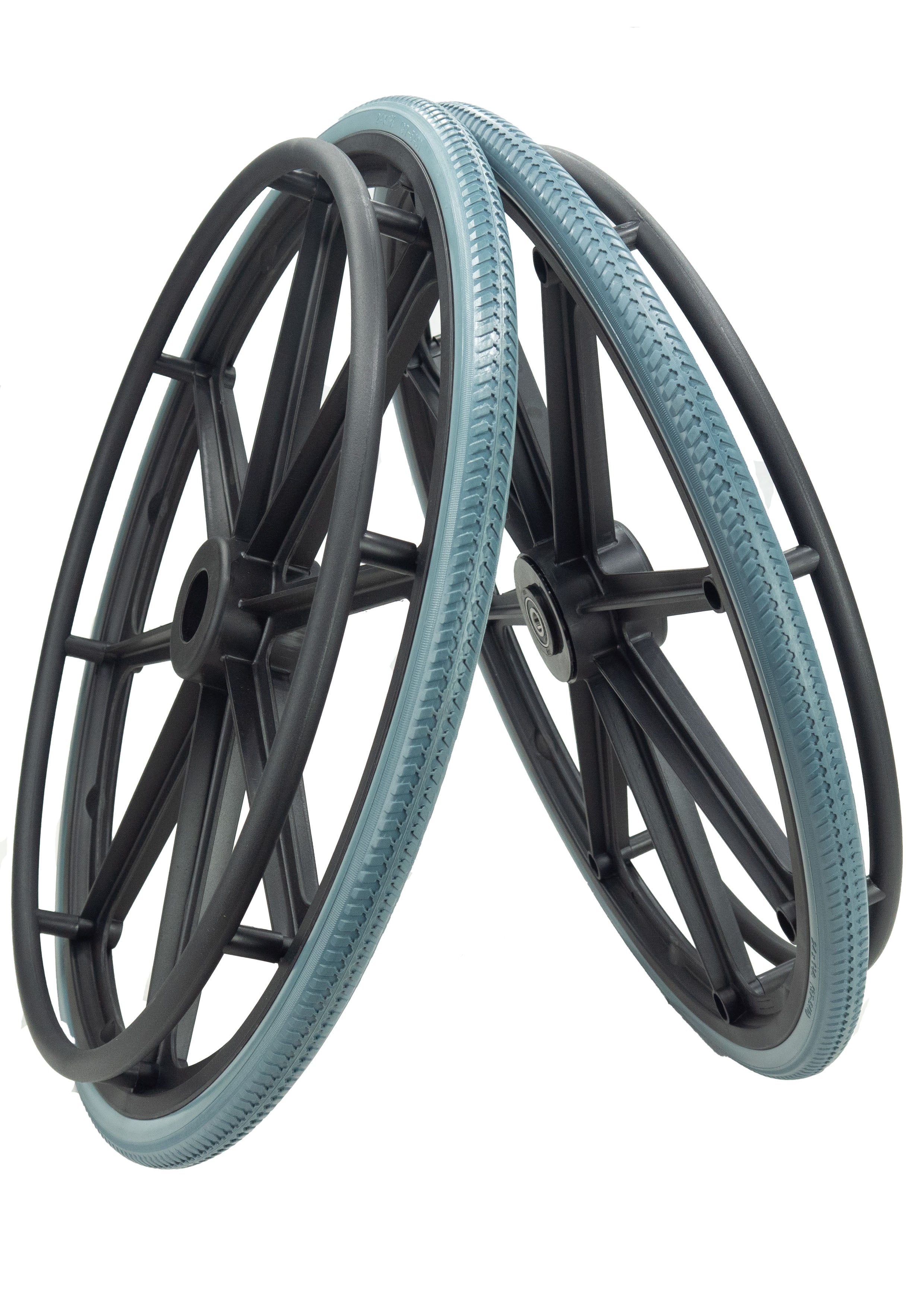 Two large commode wheels with black spokes and light blue tires on a white background