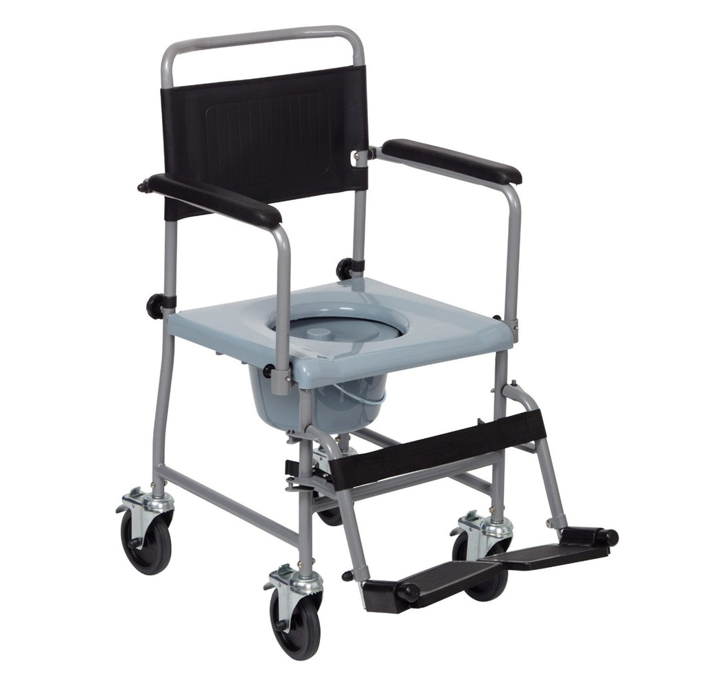 Medical commode chair with wheels on a white background