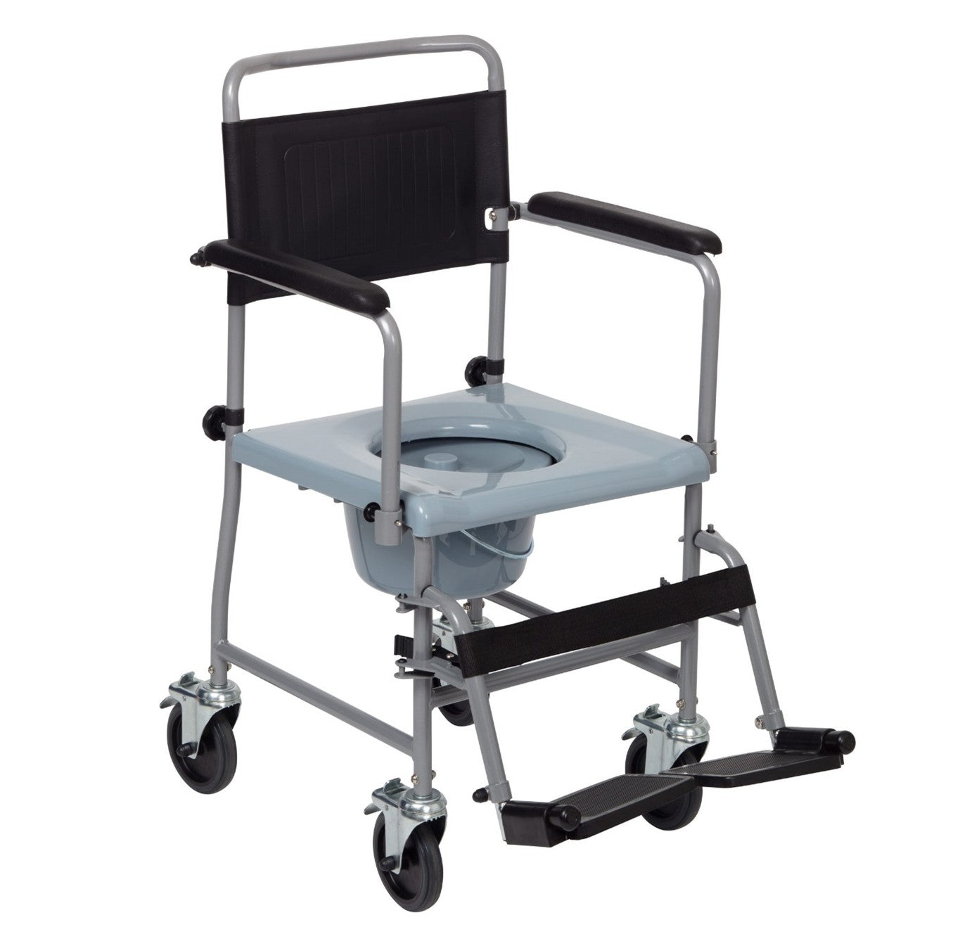Medical commode chair with wheels on a white background