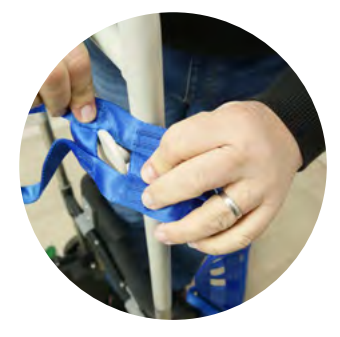 Blue ladder belt strap secure to transfer device with person using on white background