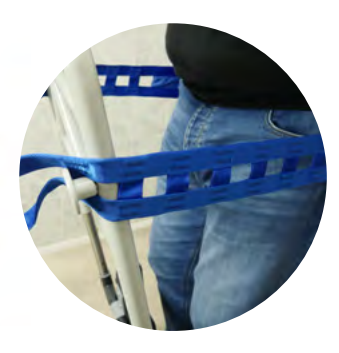 Blue ladder belt strap secure to transfer device with person using on white background