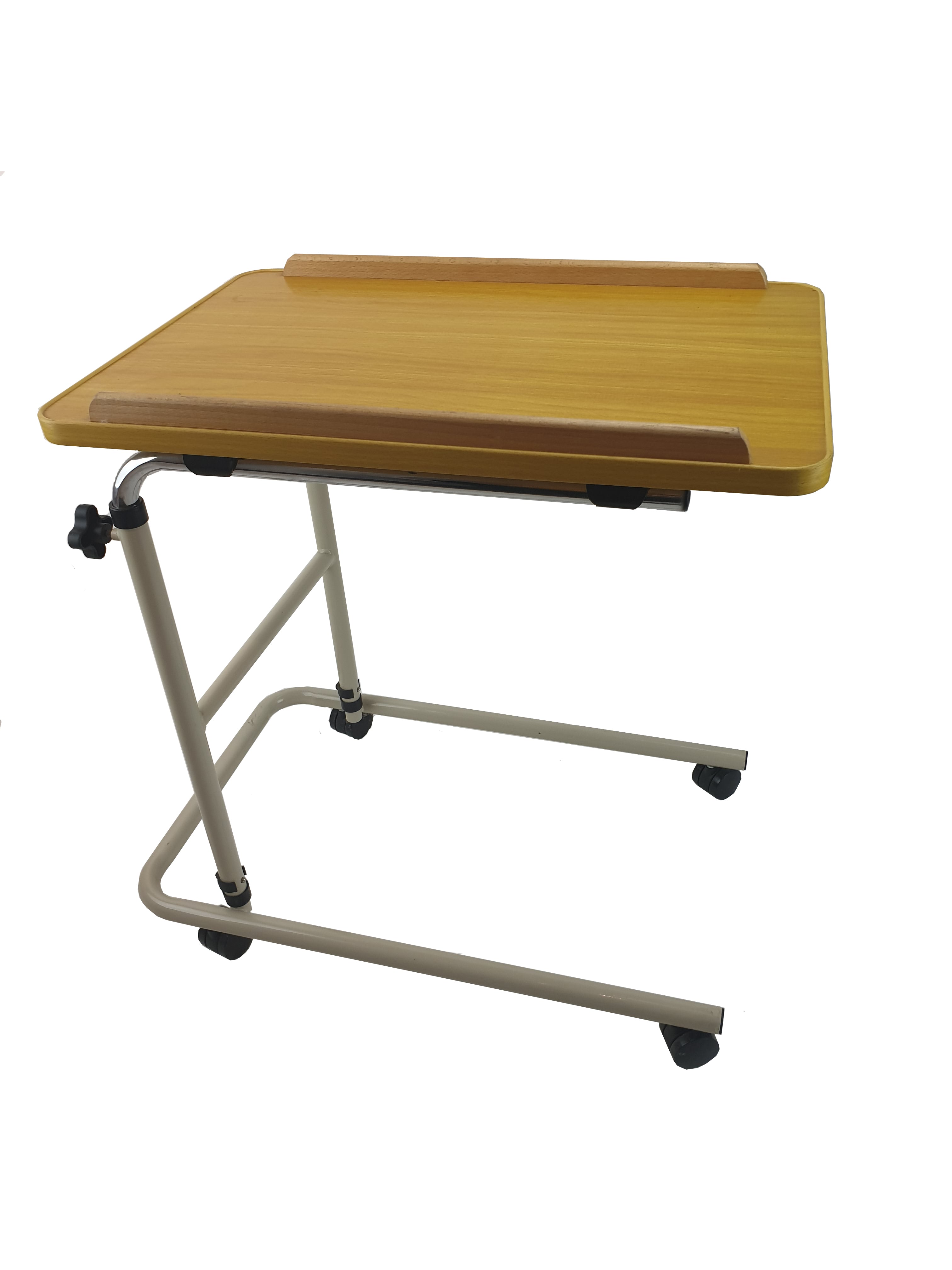 Wooden overbed table with adjustable height on 4 castors with a white background