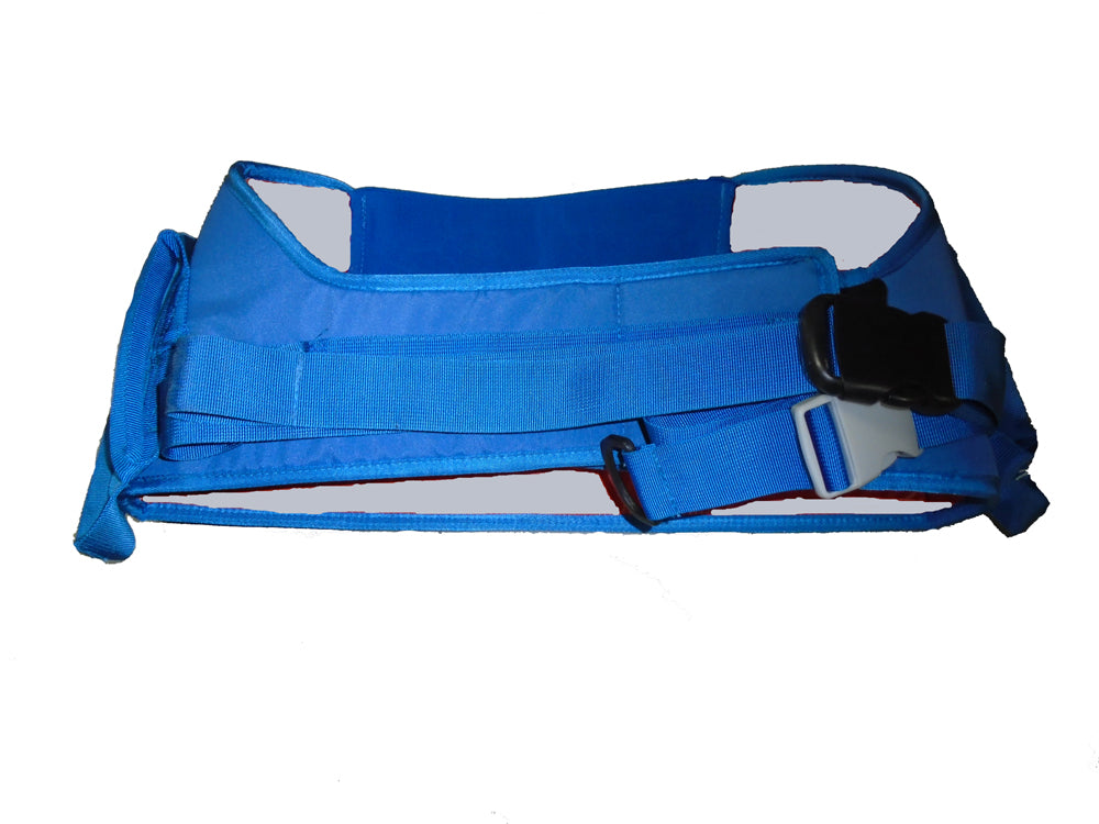 Blue waist support belt with a black buckle on a white background
