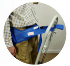 Person using a blue safety belt with a transfer device.