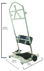 Patient turner transfer device on wheels with measurements on white background 