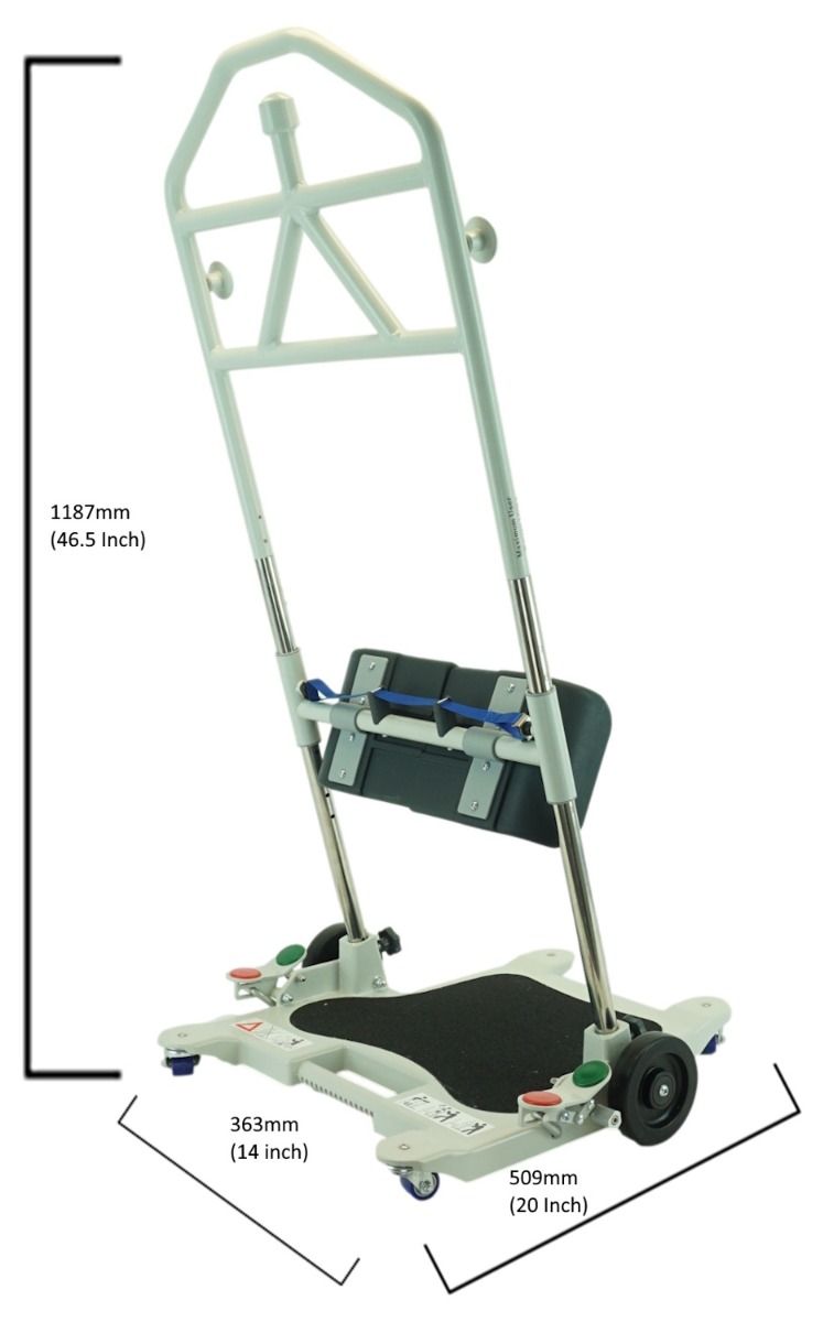 Patient turner transfer device on wheels with measurements on white background 