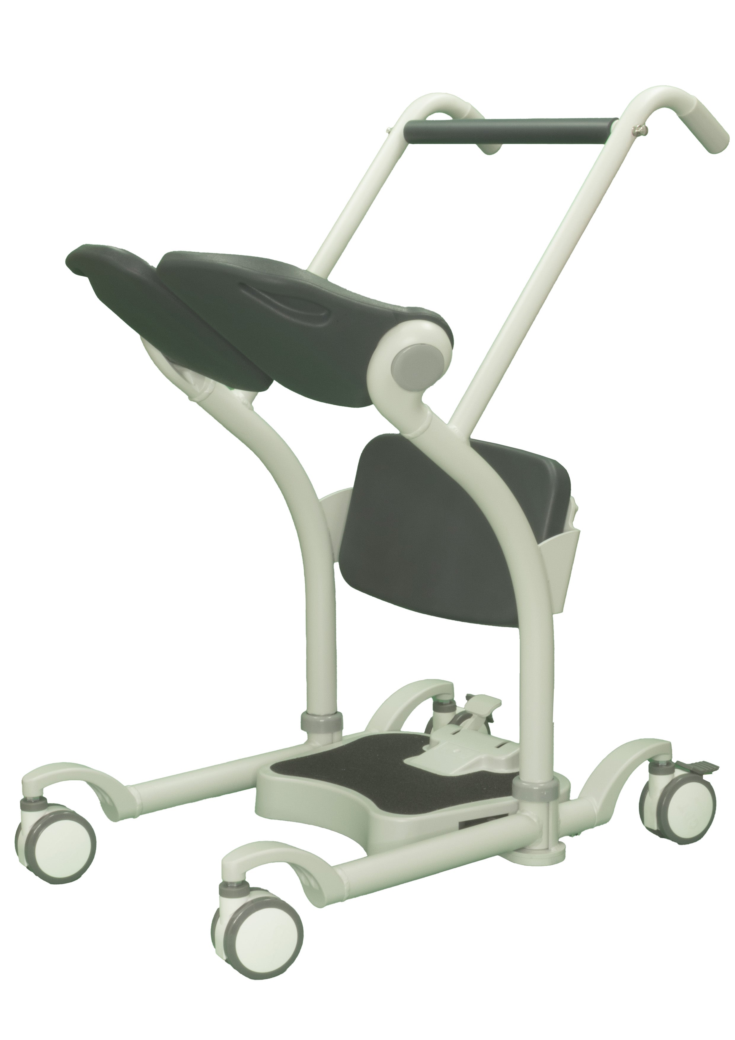 Transfer device with wheels and a seat on a white background