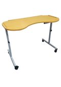 Wooden effect adjustable desk on casters with a white background