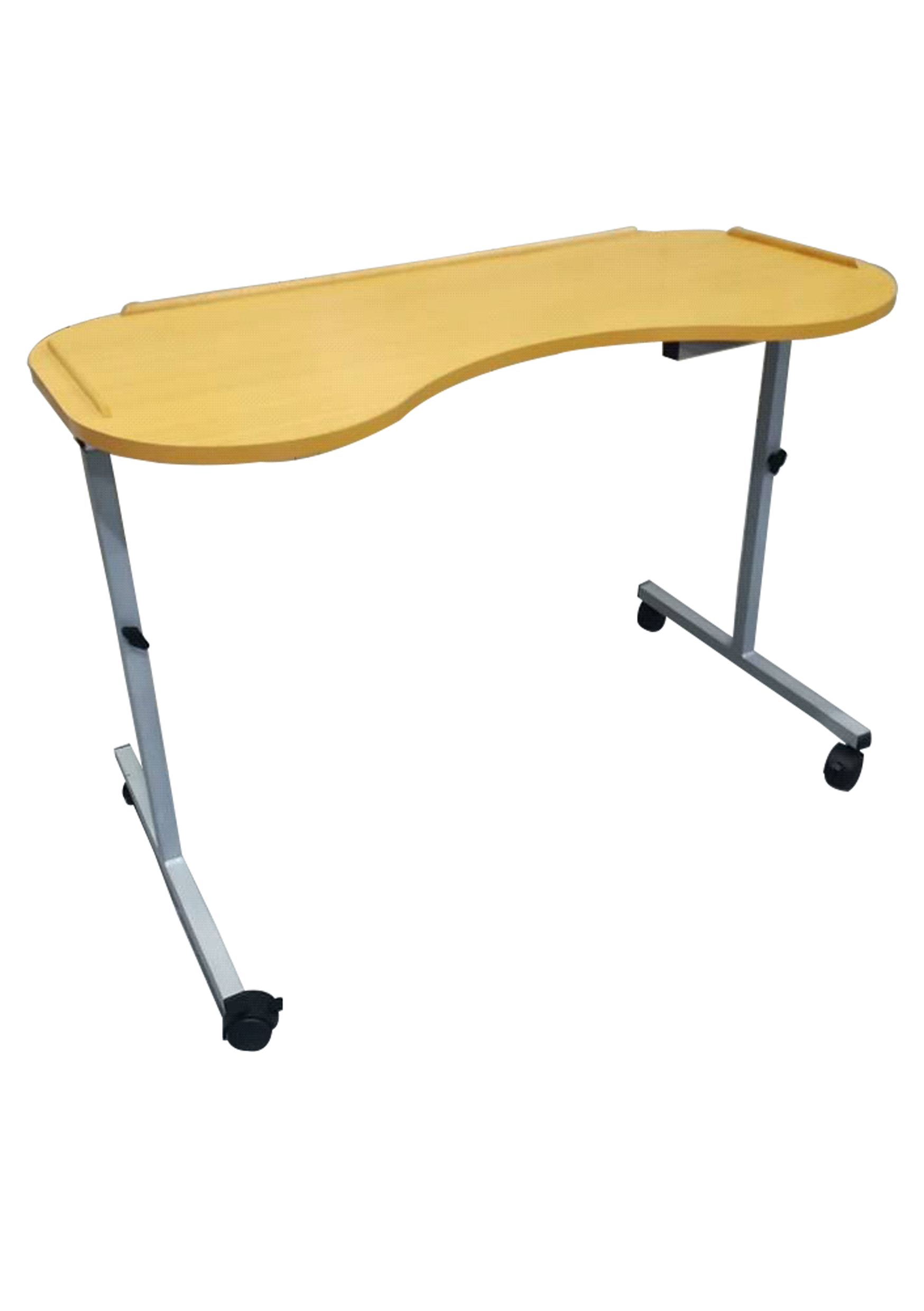 Wooden effect adjustable desk on casters with a white background