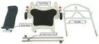 Parts of a transfer device labeled with foot plate, knee rest, handle, and upright support poles on a white background.